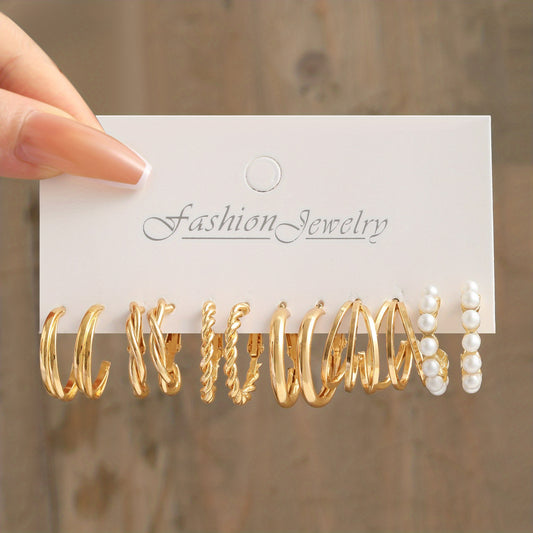 Golden Hoop Earrings with Faux Pearl Decor