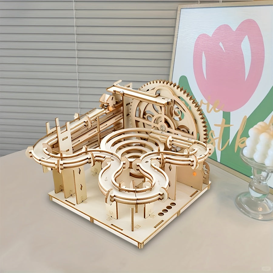 Wooden 3D Marble Runway Puzzle Kit Handcrafted Track Decor with Gears & Ramps