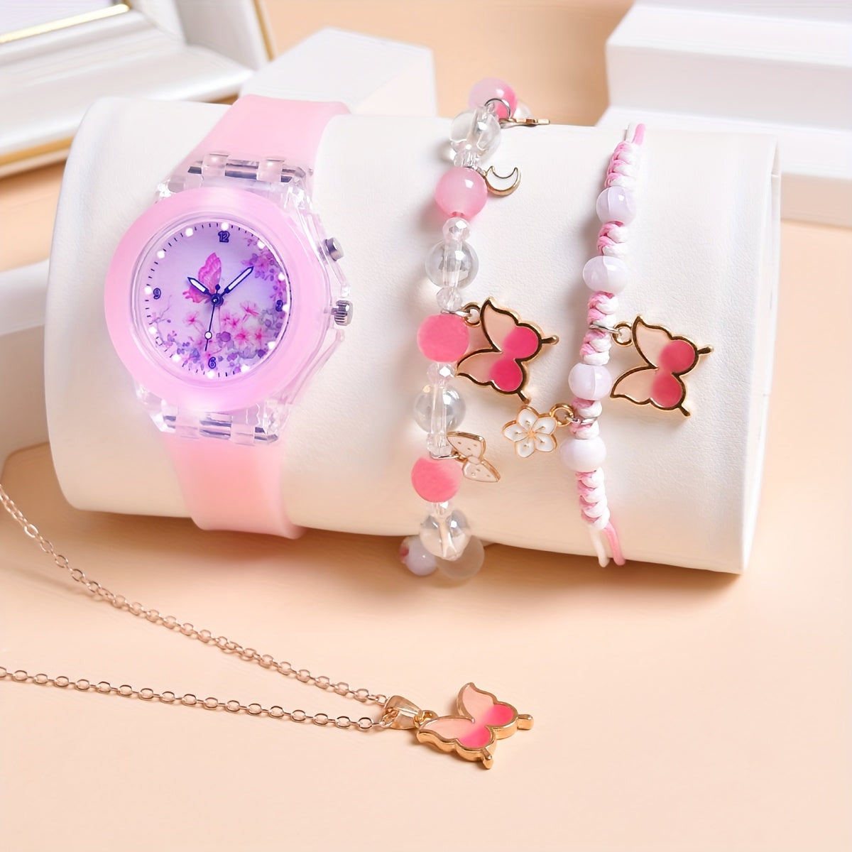Butterfly Girl Watch Set LED Light Up Quartz Wristwatch