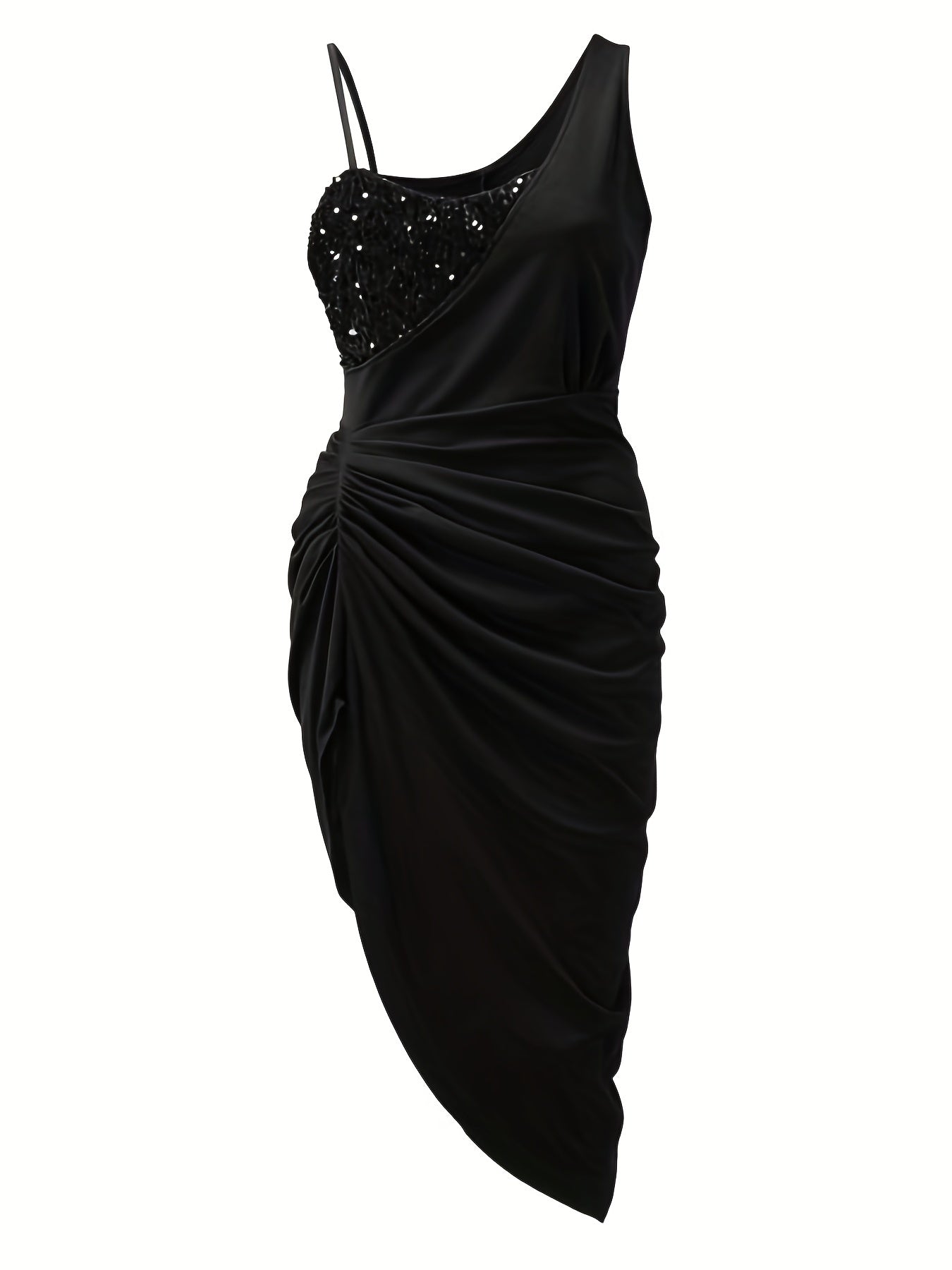 Sequined Ruched Asymmetrical Dress Sleeveless Bodycon Dress