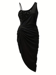 Sequined Ruched Asymmetrical Dress Sleeveless Bodycon Dress