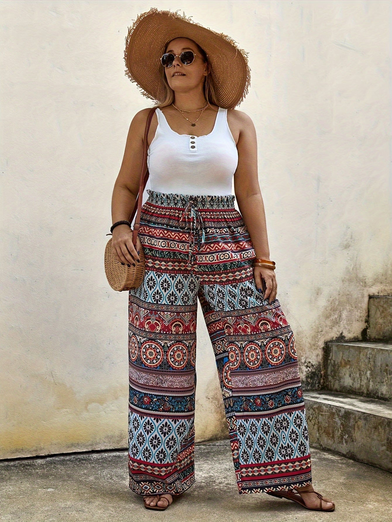 Boho Patchwork Print Wide Leg Pants - Plus Size