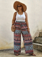 Boho Patchwork Print Wide Leg Pants - Plus Size