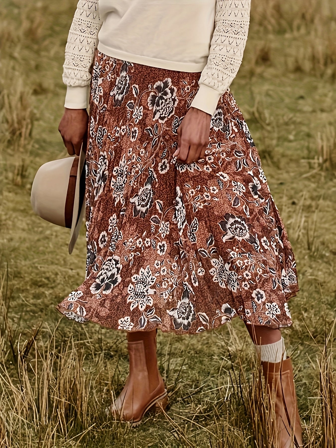  Allover Floral Print High Rise Midi A line Skirt
