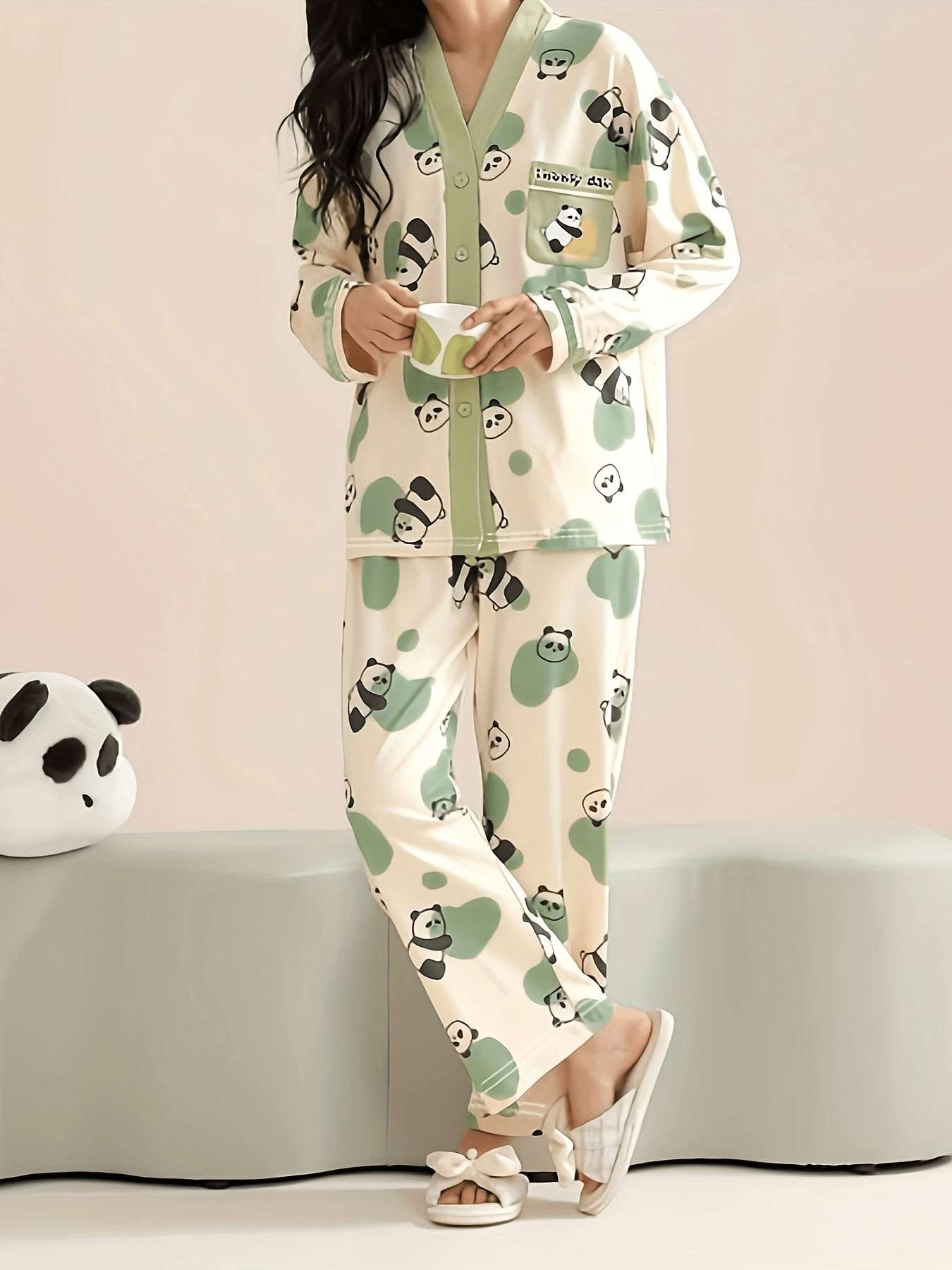 Panda Print Pajama Set Long Sleeve Top & Pants