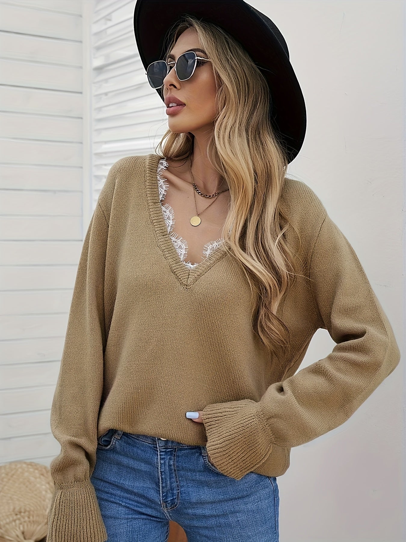  V Neck Lace Flounce Sleeve Sweater