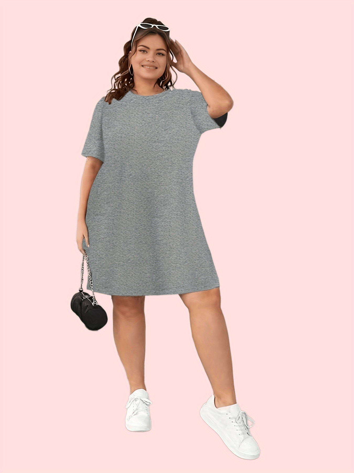  Solid Round Neck Short Sleeve Tee Dress