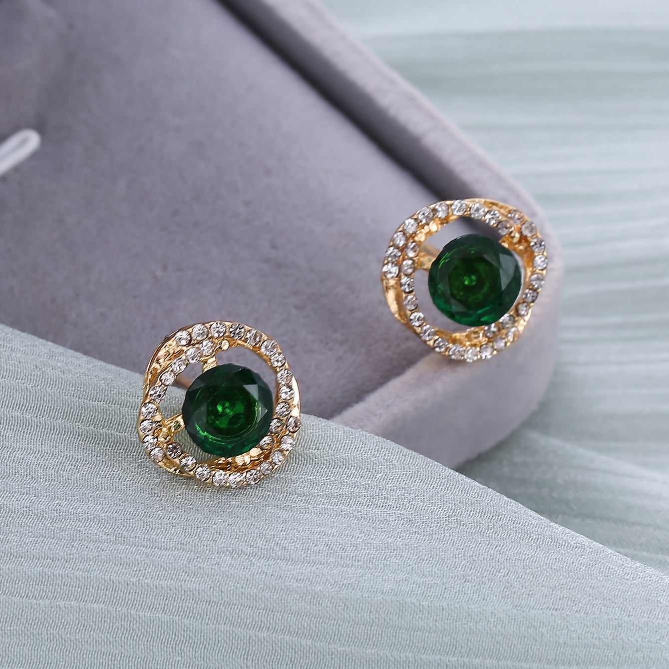 Emerald Crystal Floral Stud Earrings Retro Style 18K Plated Jewelry
