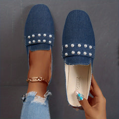 Women's Denim Flat Mules with Faux Pearl Decor