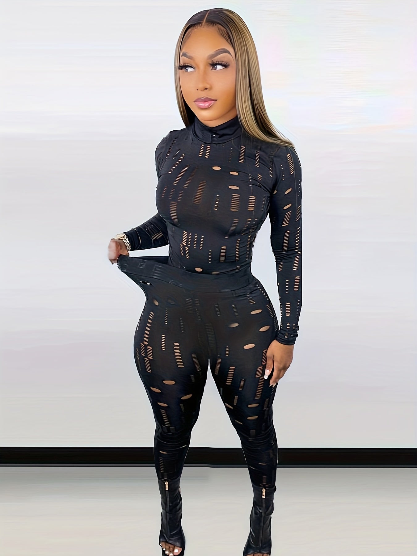 Sexy Cut Out 2pc Set Mock Neck Top & Skinny Pants Outfit