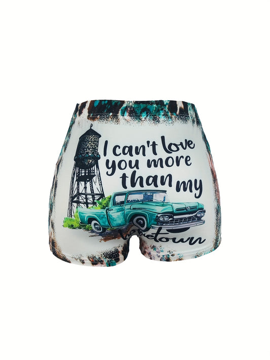Graphic & Letter Print Skinny Shorts Sexy Elastic Waist Shorts