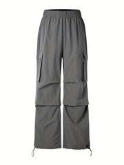  Y2K Cargo Pants Solid Elastic Drawstring Straight Leg