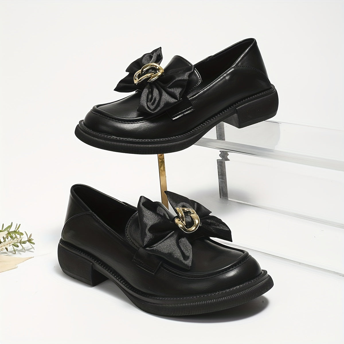 Women's Satin Bow Loafers Slip On Chunky Shoes