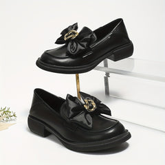 Women's Satin Bow Loafers Slip On Chunky Shoes