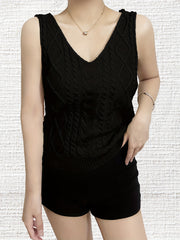 V Neck Knitted Tank Top Solid Sleeveless Casual Knitted Top