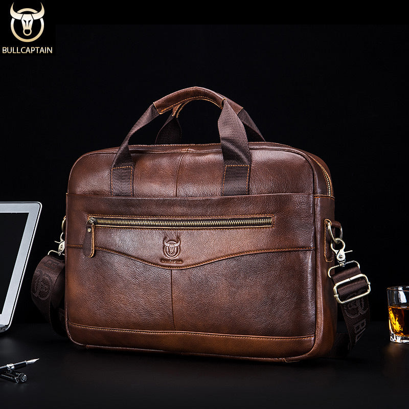 BULLCAPTAIN Leather Shoulder Bag Large Capacity Business Briefcase
