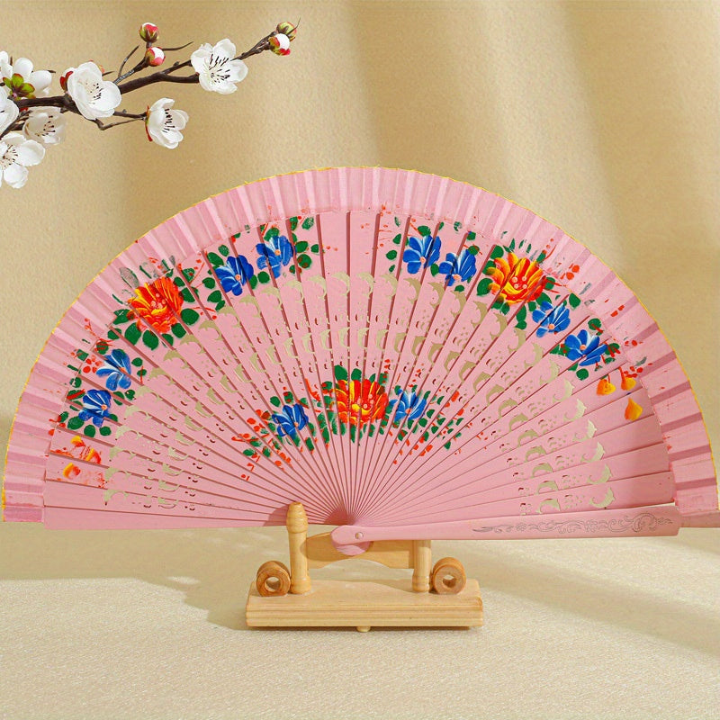 Double Sided Painted Floral Folding Fan for Women