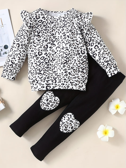 Girl's Leopard Top & Leggings Set Heart Patched Outfit Spring Fall