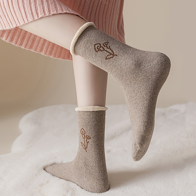 5 Pairs Floral Print Socks Comfy & Warm Mid Tube Socks Women's Stockings