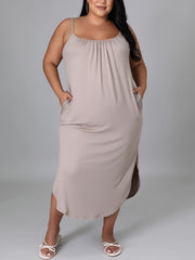 Solid Split Cami Dress Plus High Stretch Slim Midi Dress