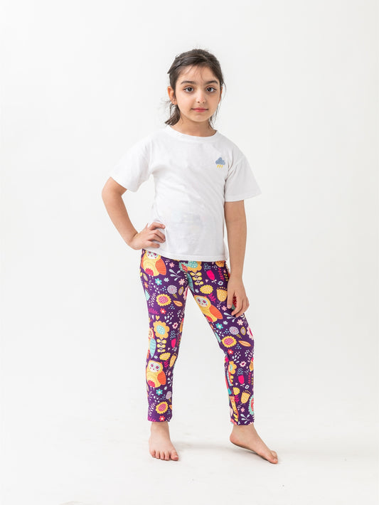 Girls High Stretch Soft Leggings Owls And Flowers Pattern