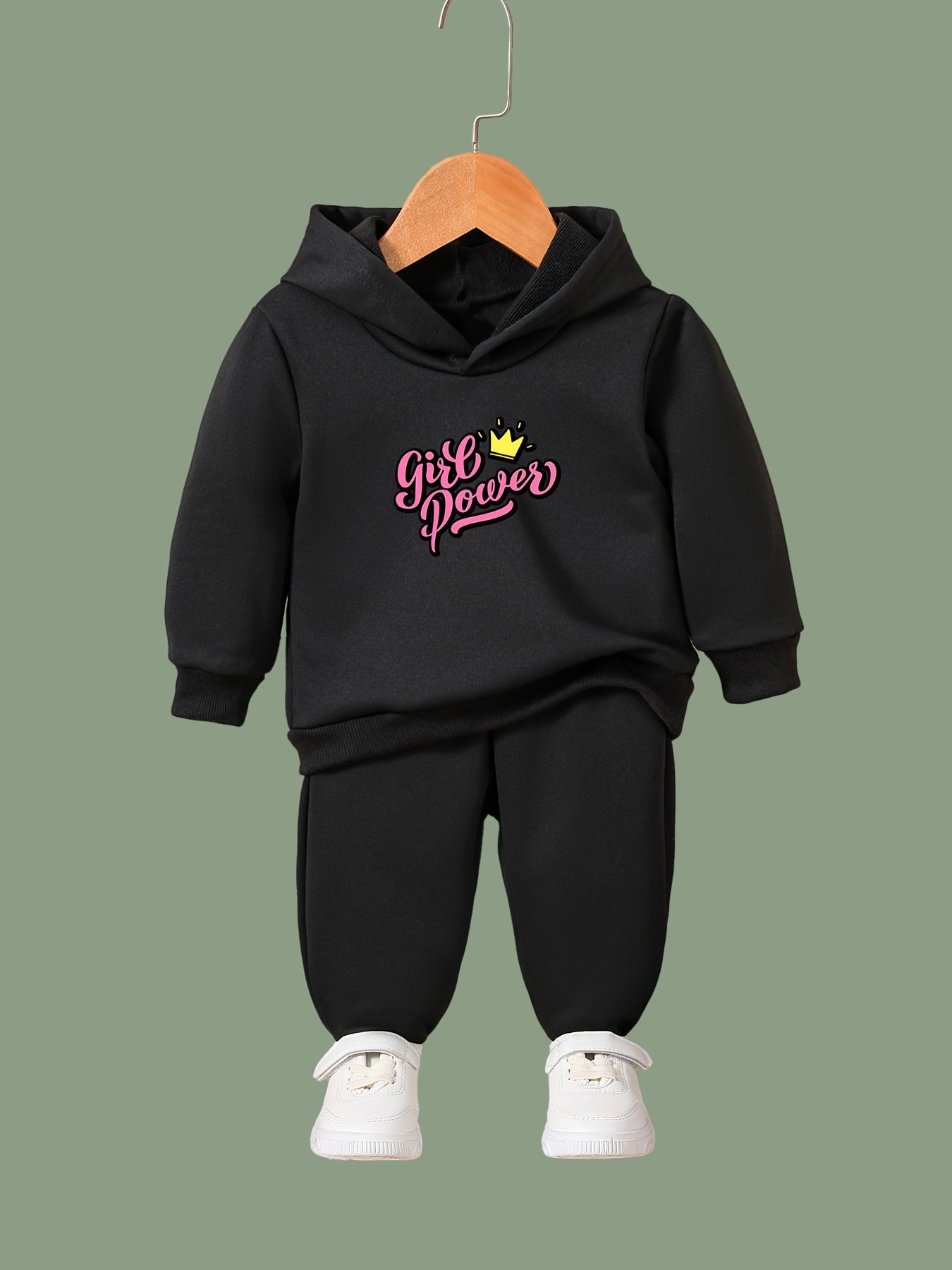 Girls Crown Pattern Hooded Sweatshirt & Sweatpants Set