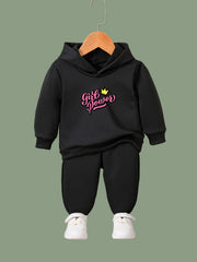 Girls Crown Pattern Hooded Sweatshirt & Sweatpants Set
