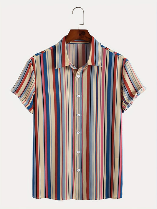 Vertical Striped Lapel Short Sleeve Button Up Shirt for Men