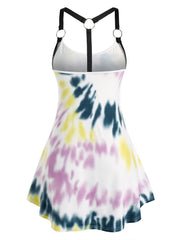  Tie Dye Letter Print O Ring Straps Tank Top Women's Plus V Neck Top