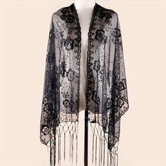 Sequin Flower Embroidery Shawl Tassel Cape Women Glitter Scarf