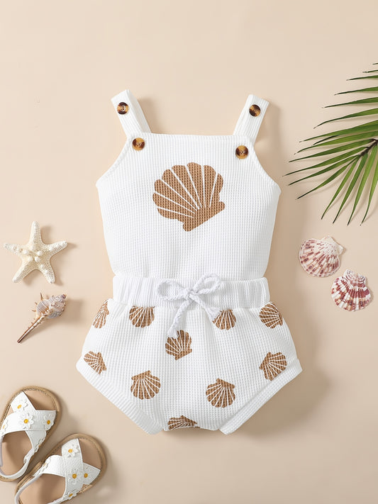 Baby Girls Sleeveless Romper & Shorts Set - Shell Print Bodysuit Onesies