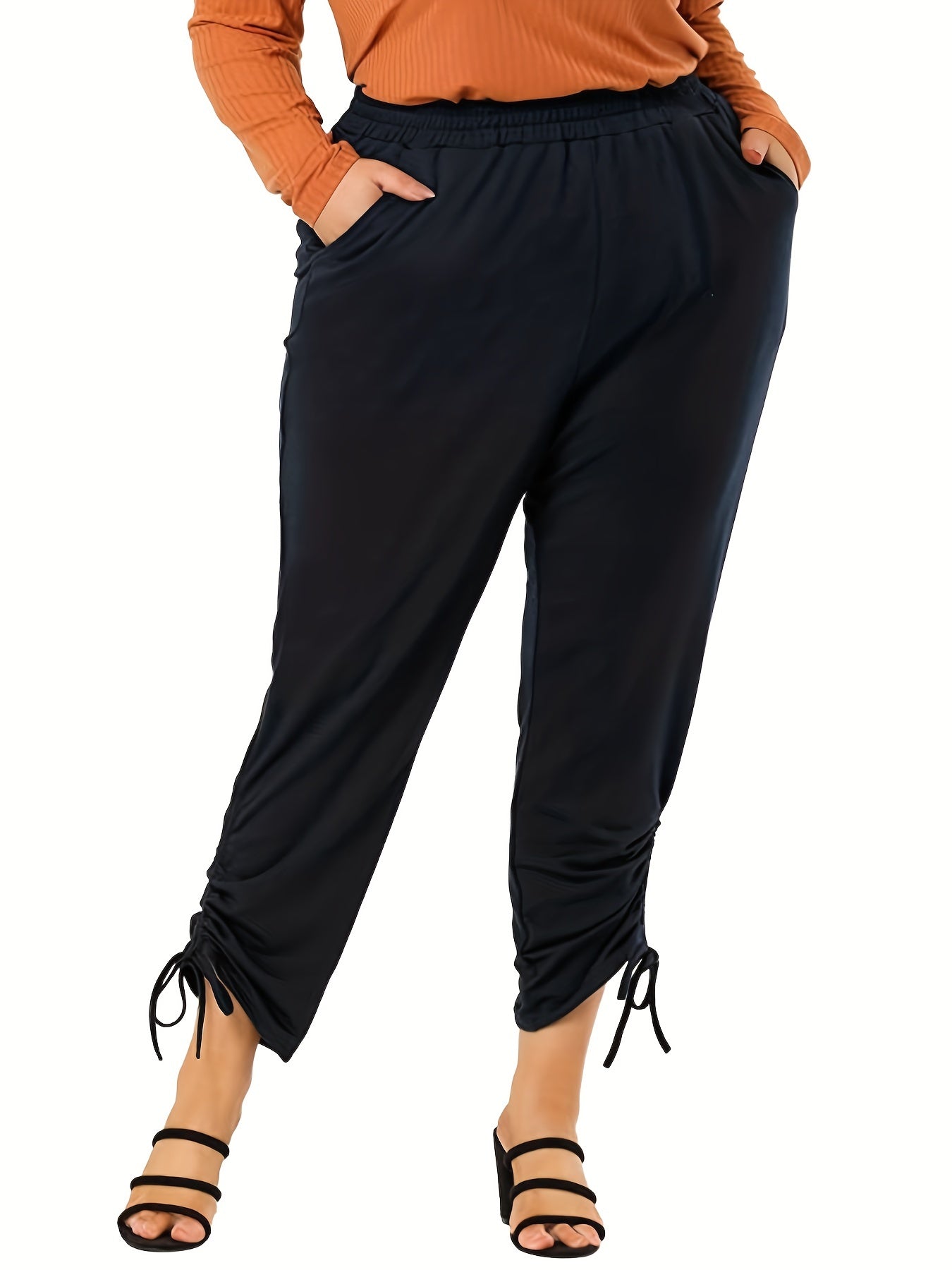  Solid Elastic Ruched Crop Trousers With Pockets