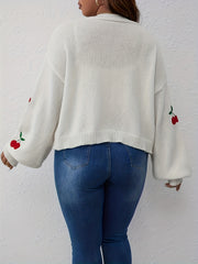  Cherry Embroidery Lantern Sleeve Knit Cardigan