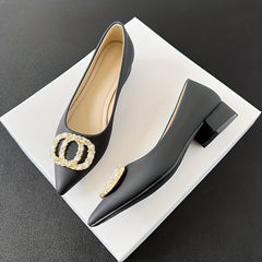 Women's Rhinestone Decor Slip-On Shallow Mouth Chunky Heel Shoes