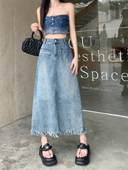Fringe Trim Denim Maxi Skirt Straight Split Denim Skirt