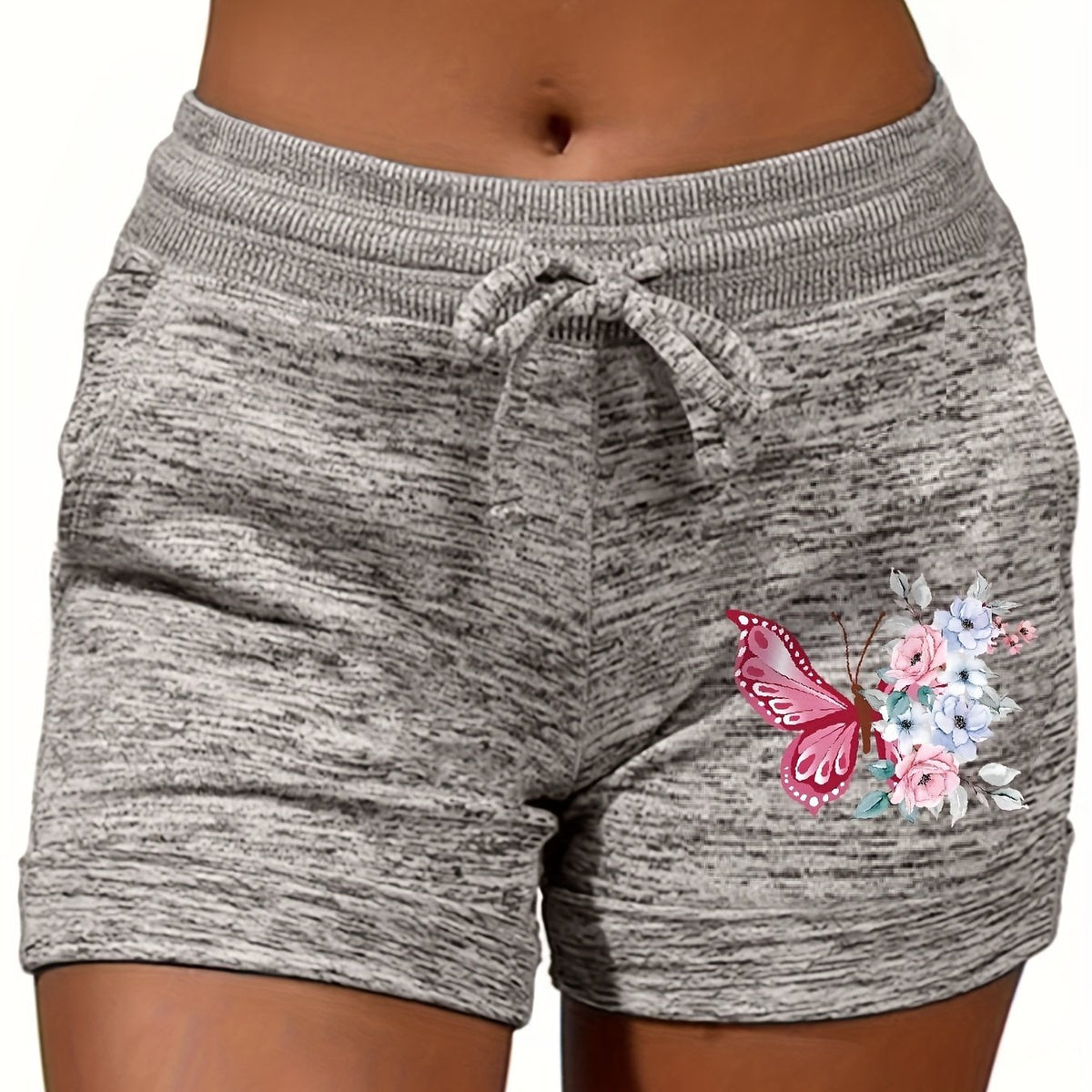 Butterfly & Floral Print Drawstring Shorts for Summer Women's Clothing