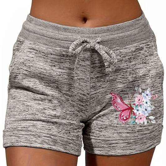 Butterfly & Floral Print Drawstring Shorts for Summer Women's Clothing