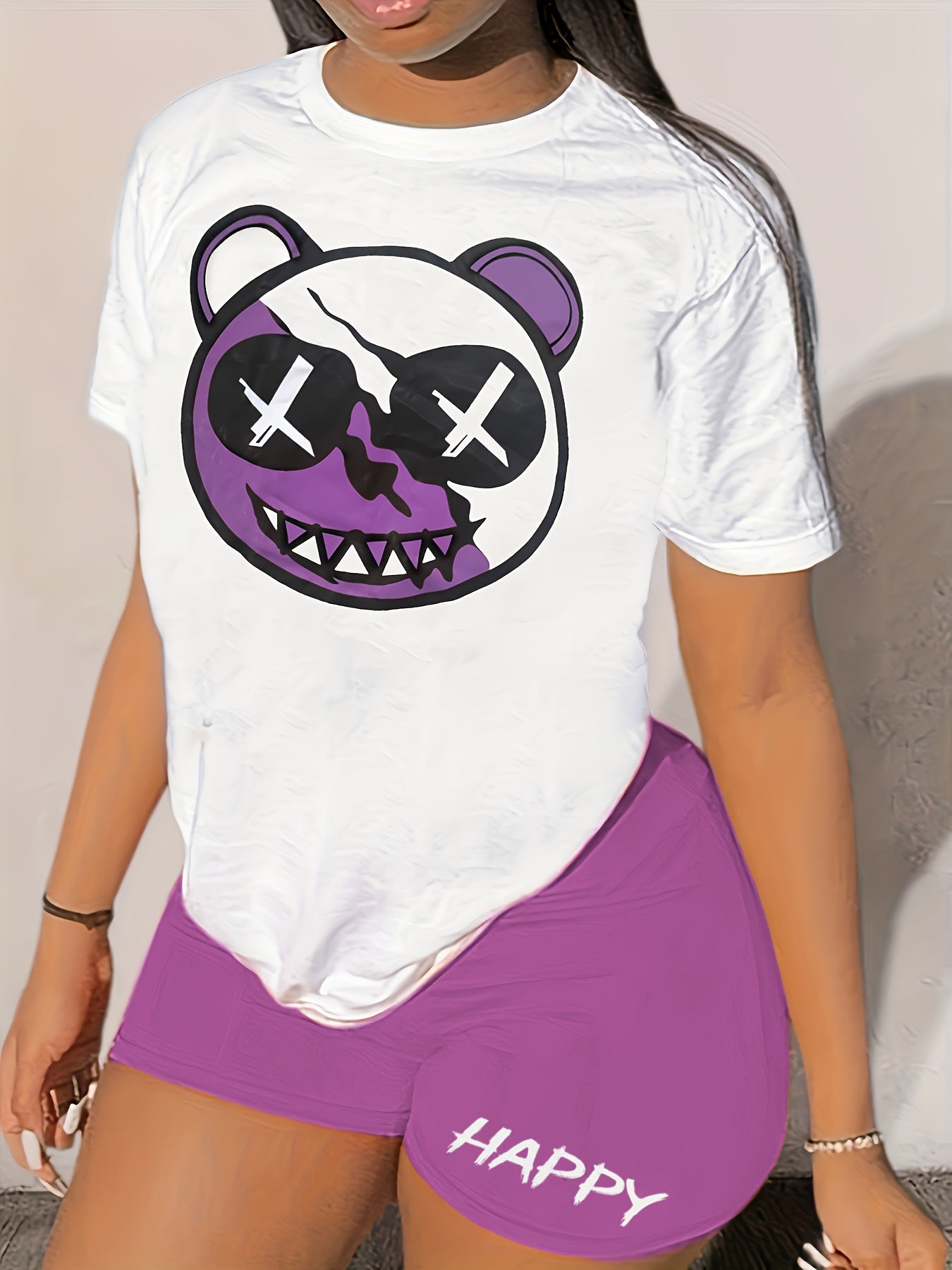  Colorblock Bear Print Crop Top & Shorts Set
