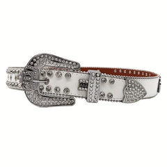 Crown Rhinestone PU Leather Belt Western Cowboy