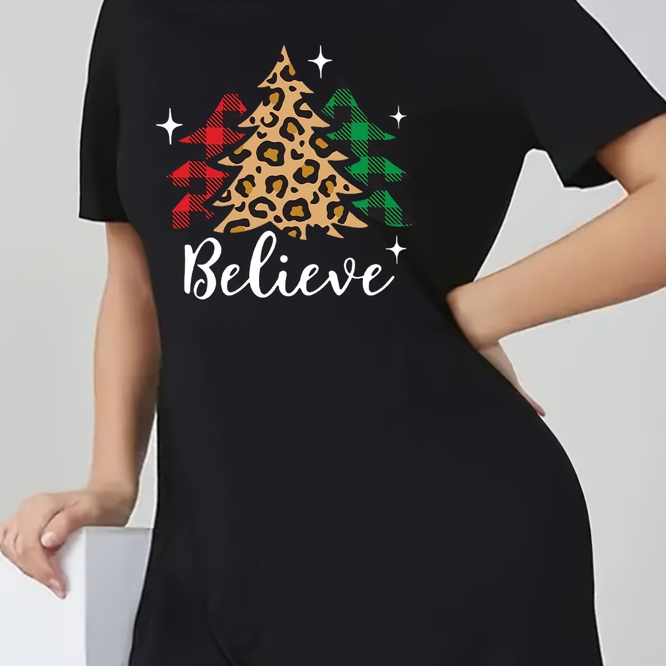  Christmas Tee Dress Letter & Tree Print Short Sleeve Round Neck