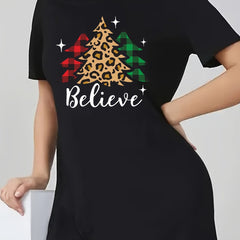  Christmas Tee Dress Letter & Tree Print Short Sleeve Round Neck