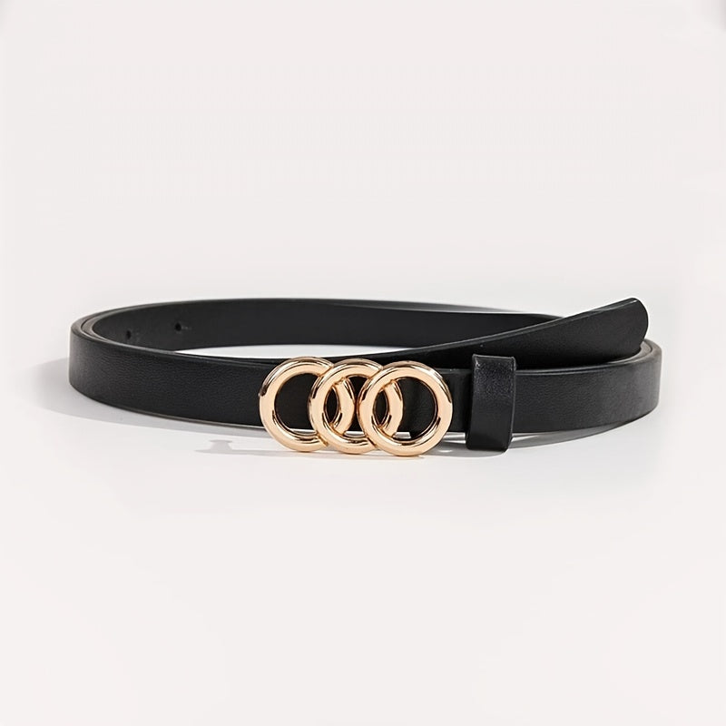 Triple Rings Buckle Belt Set PU Leather Thin Belt Casual Pin Waist Bands