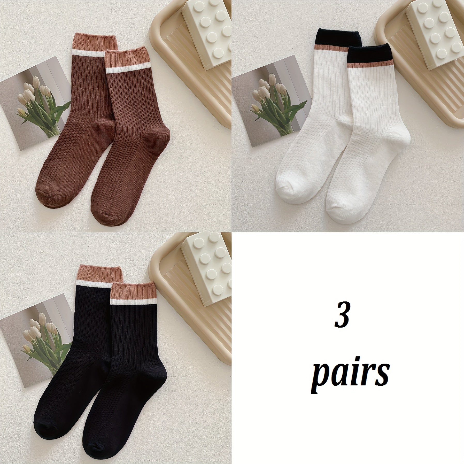 Colorblock Stripe Print Ribbed Socks Mid Tube Stockings