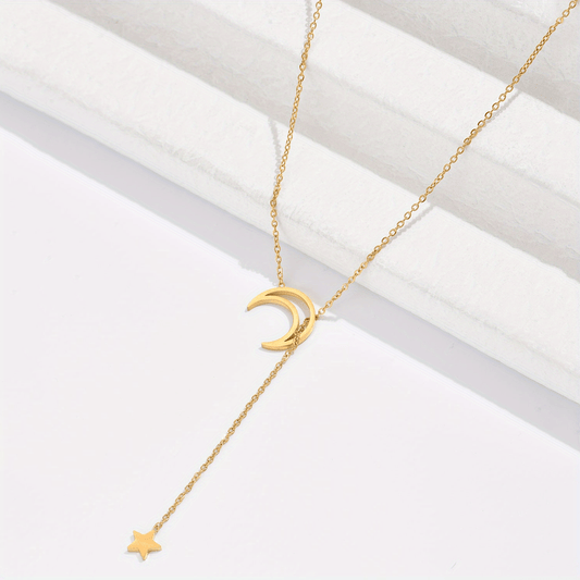 Stainless Steel Moon Star Pendant Necklace 14K Plated Neck Jewelry Gift