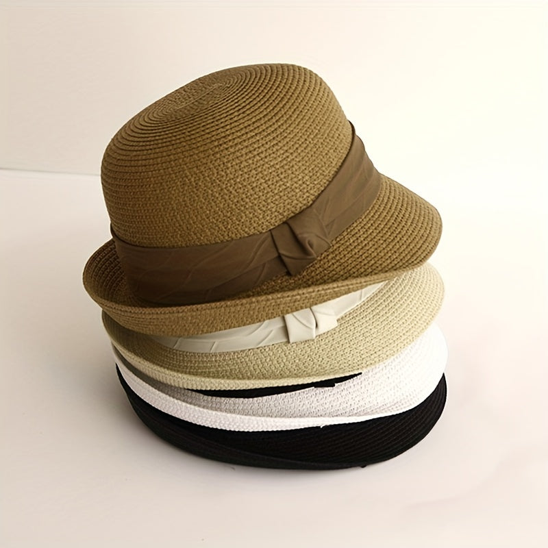 Rolled Brim Straw Fedora Sun Hat Unisex Jazz Cap Solid Color Summer Beach Hats