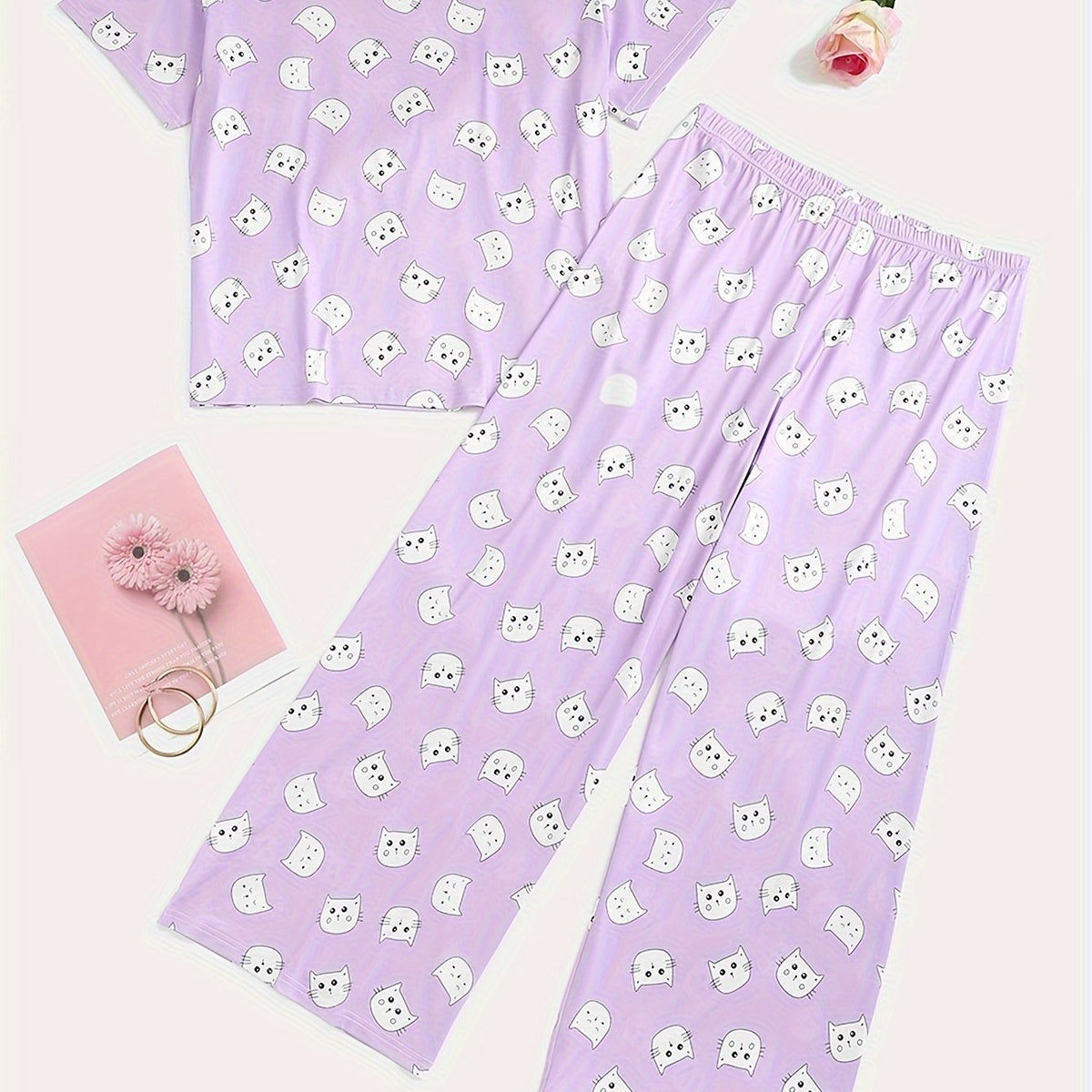  Cat Print Pajama Set Round Neck Top & Pants
