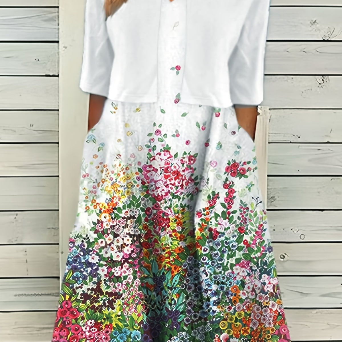 Two Piece Dress Set Solid Half Sleeve Crop Top & Floral Print Dress
