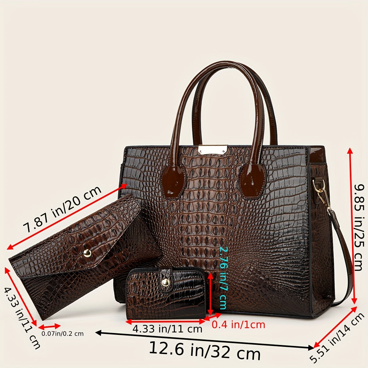 3 Piece Crocodile Pattern Tote Bag Set for Women