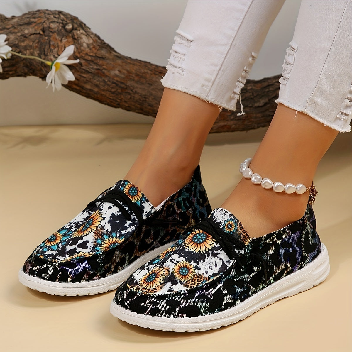 Women's Cow & Leopard Print Slip On Canvas Shoes Low Round Toe Casual & Light