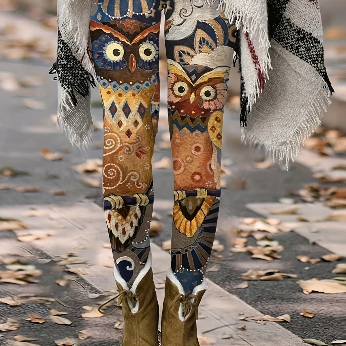  Tribal & Owl Print Elastic High Rise Skinny Pants